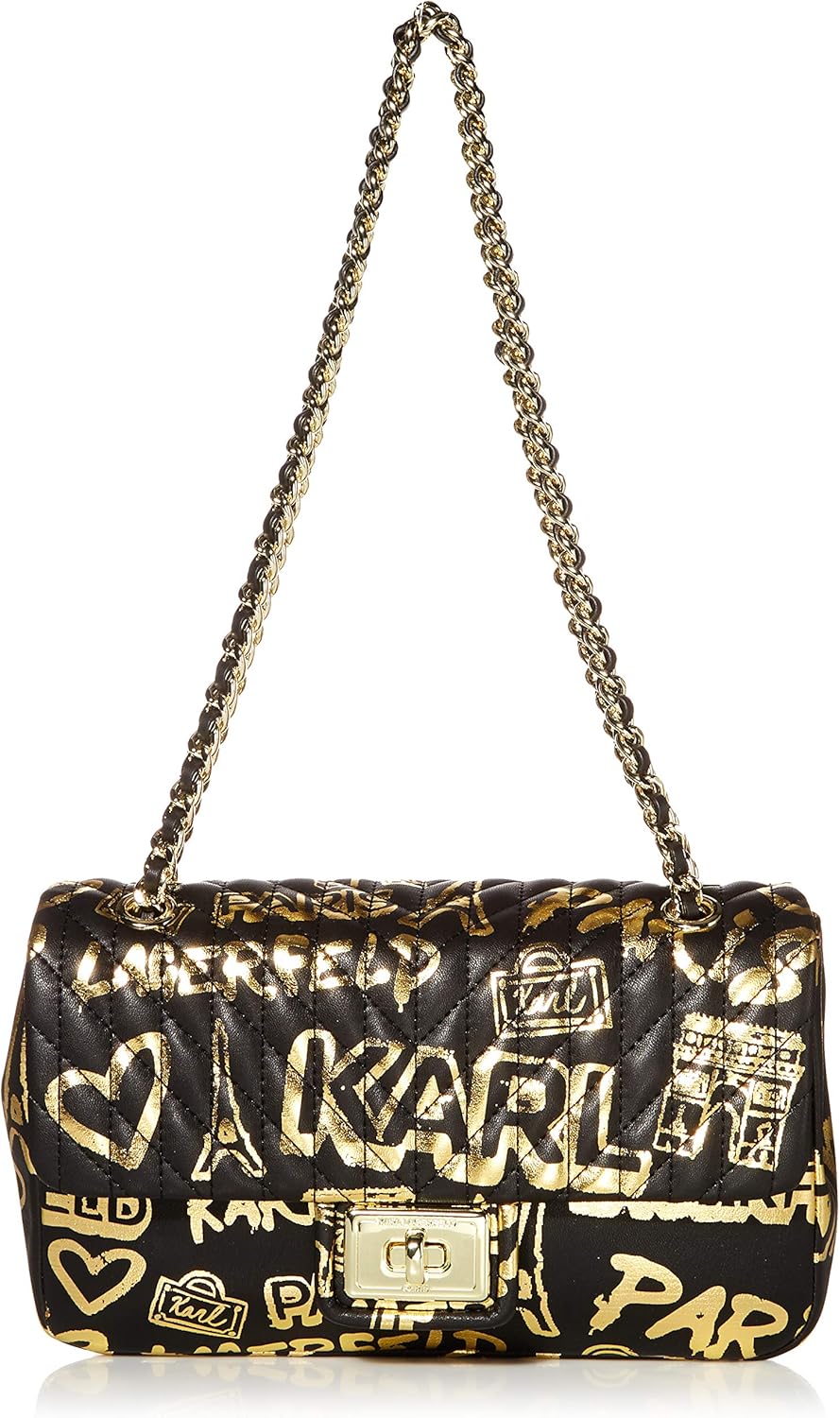 Karl Lagerfeld Paris Agyness Quilted Medium Shoulder Bag, BLK/GOLD
