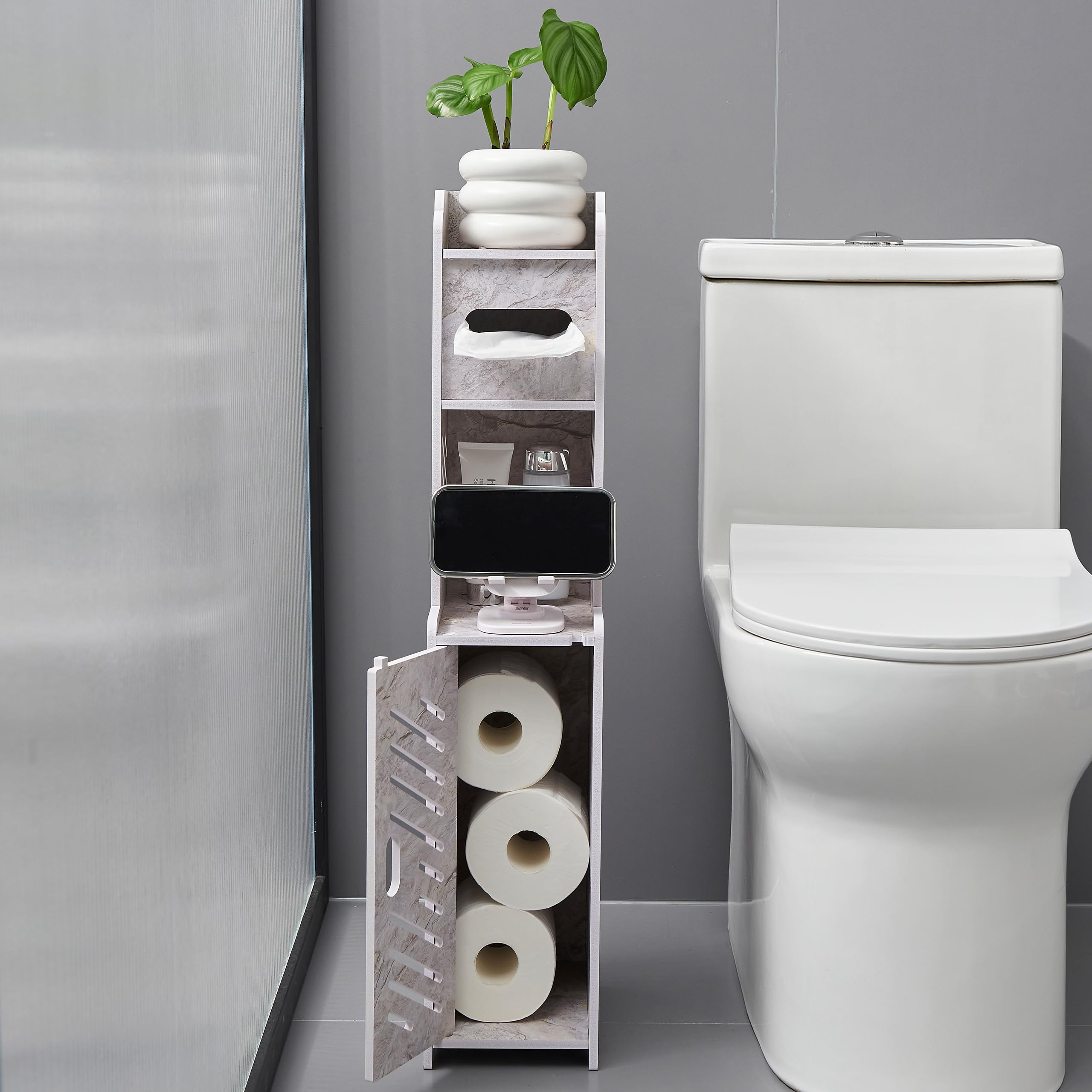Photo 1 of Doxo Small Bathroom Storage Cabinet, Behind Toilet Bathroom Organizer, Narrow Toilet Paper Cabinet for Restroom (Marble White)