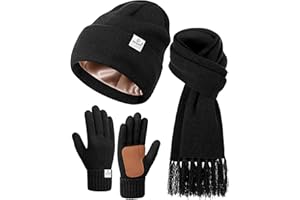 SENPUKI Womens Satin Lined Beanie Scarf Gloves Set, Silk Lined Winter Hats Knit Scarf Touchscreen Gloves, 3 Fashionable Warm Gift Set