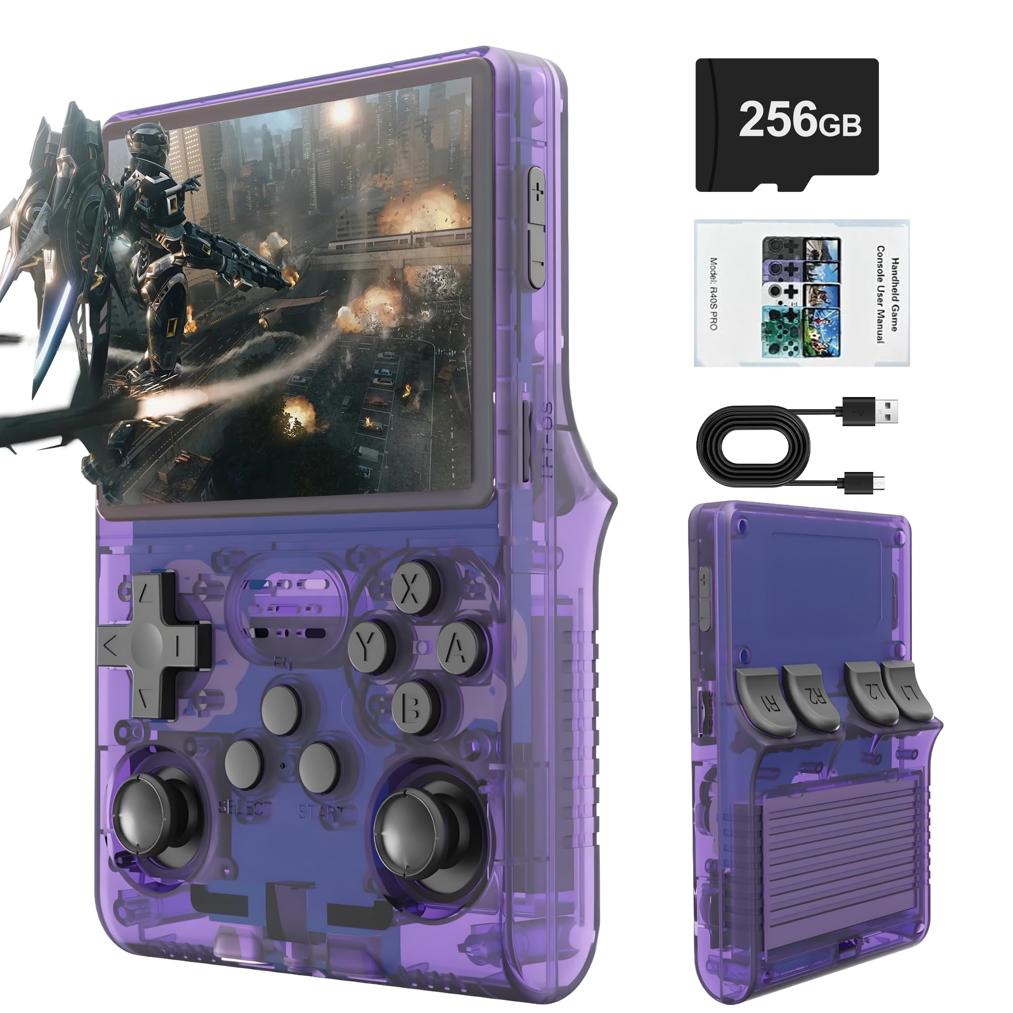 Photo 1 of ** FOR PARTS ONLY ** 
R40S PRO Retro Gaming Console, 30000+ HD Games Handheld Game Console, 3800mAh Rechargeable Mini Retro Video Console with 256GB TF Card, Portable Pocket Arcade (Transparent Purple)