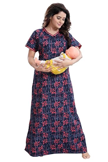 Women's Navy Cotton Feeding/Nursing/Maternity Nighty (Size:Free)