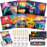 Ctosree 72 Pcs Colorful Sky Paint and Sip Kit for Adults 8'' x 10'' Pre Drawn Canvas for Painting DIY Pre Printed Canvas for Party Favor Afro Acrylic Painting Kit Wood Easel Brushes Date Night Bulk