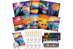 Ctosree 72 Pcs Colorful Sky Paint and Sip Kit for Adults 8'' x 10'' Pre Drawn Canvas for Painting DIY Pre Printed Canvas for Party Favor Afro Acrylic Painting Kit Wood Easel Brushes Date Night Bulk
