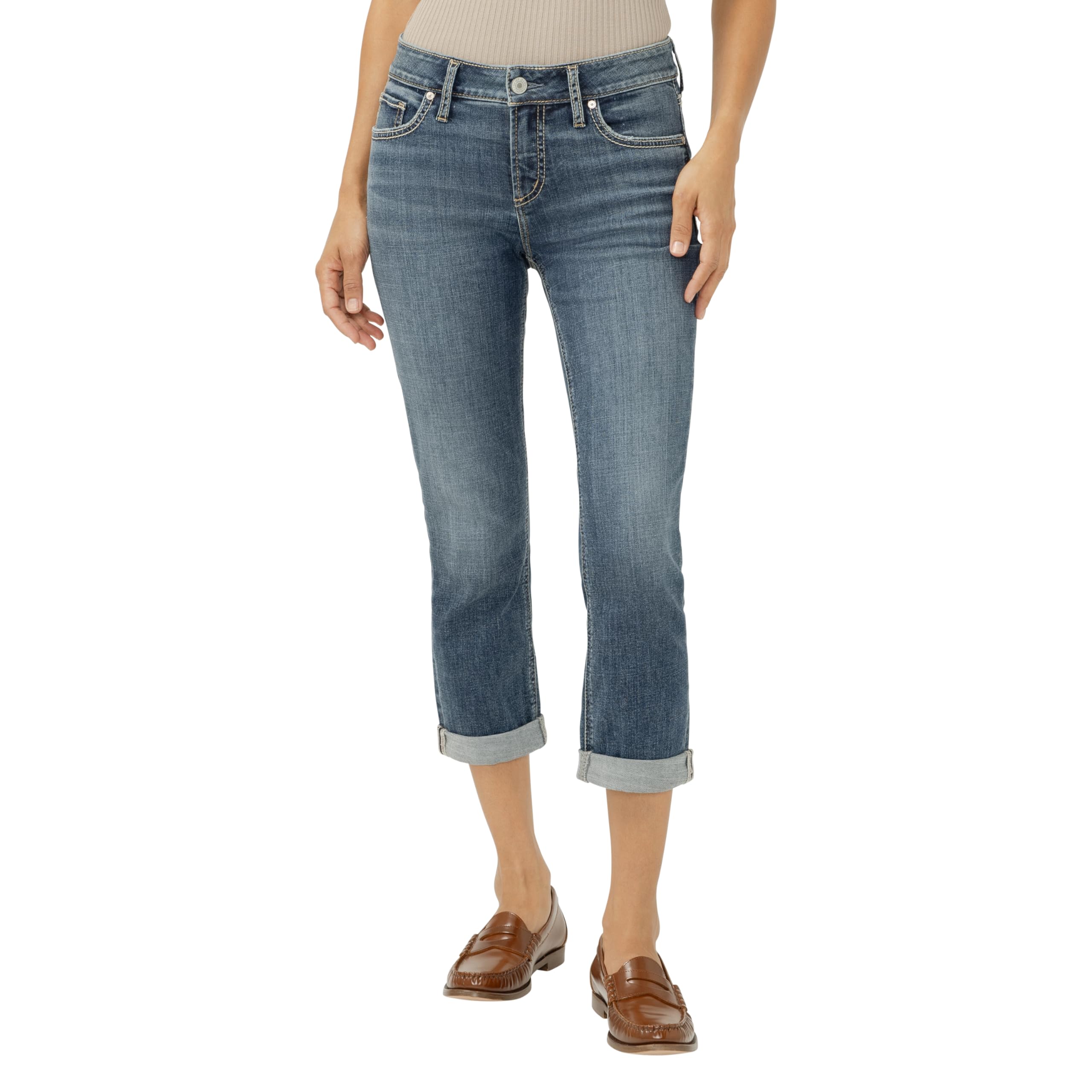 Silver Jeans Co. Women's, Elyse Mid Rise Comfort Fit Capri Jeans, Medium Wash, 28W Image