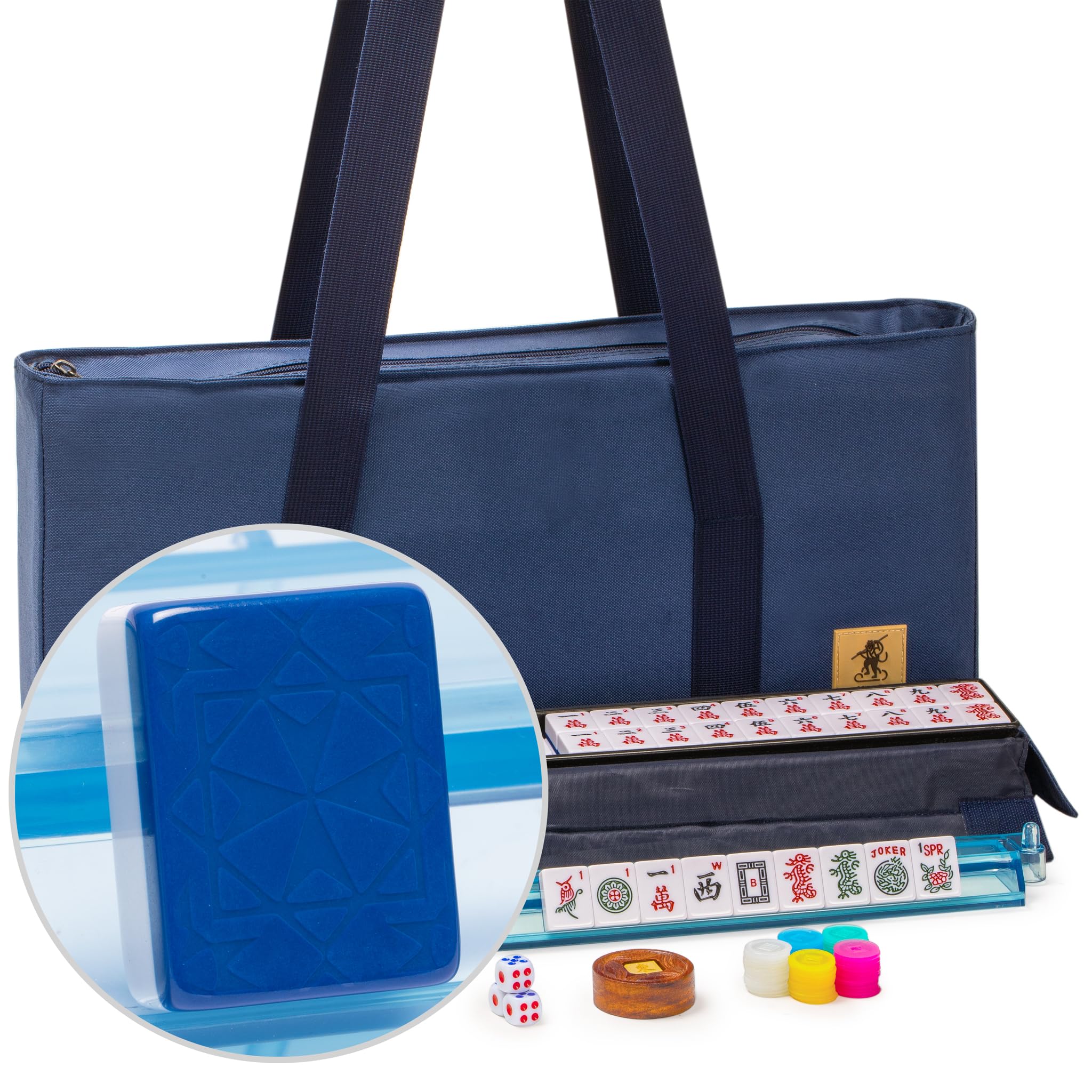 Yellow Mountain Imports American Mahjong Game Set, Santorini with Blue Soft Case - All-in-One Racks with Pushers, Wright Patterson Scoring Coins, Dice, & Wind Indicator