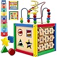 Wooden Activity Play Cube 6 in-1 for Baby with Removable Bead Maze, Shape Sorter, Abacus Counting Beads & Numbers, Sliding Shapes, 8Pcs Stacking Cups – Play22