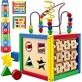 Wooden Activity Play Cube 6 in-1 for Baby with Removable Bead Maze, Shape Sorter, Abacus Counting Beads & Numbers, Sliding Sh
