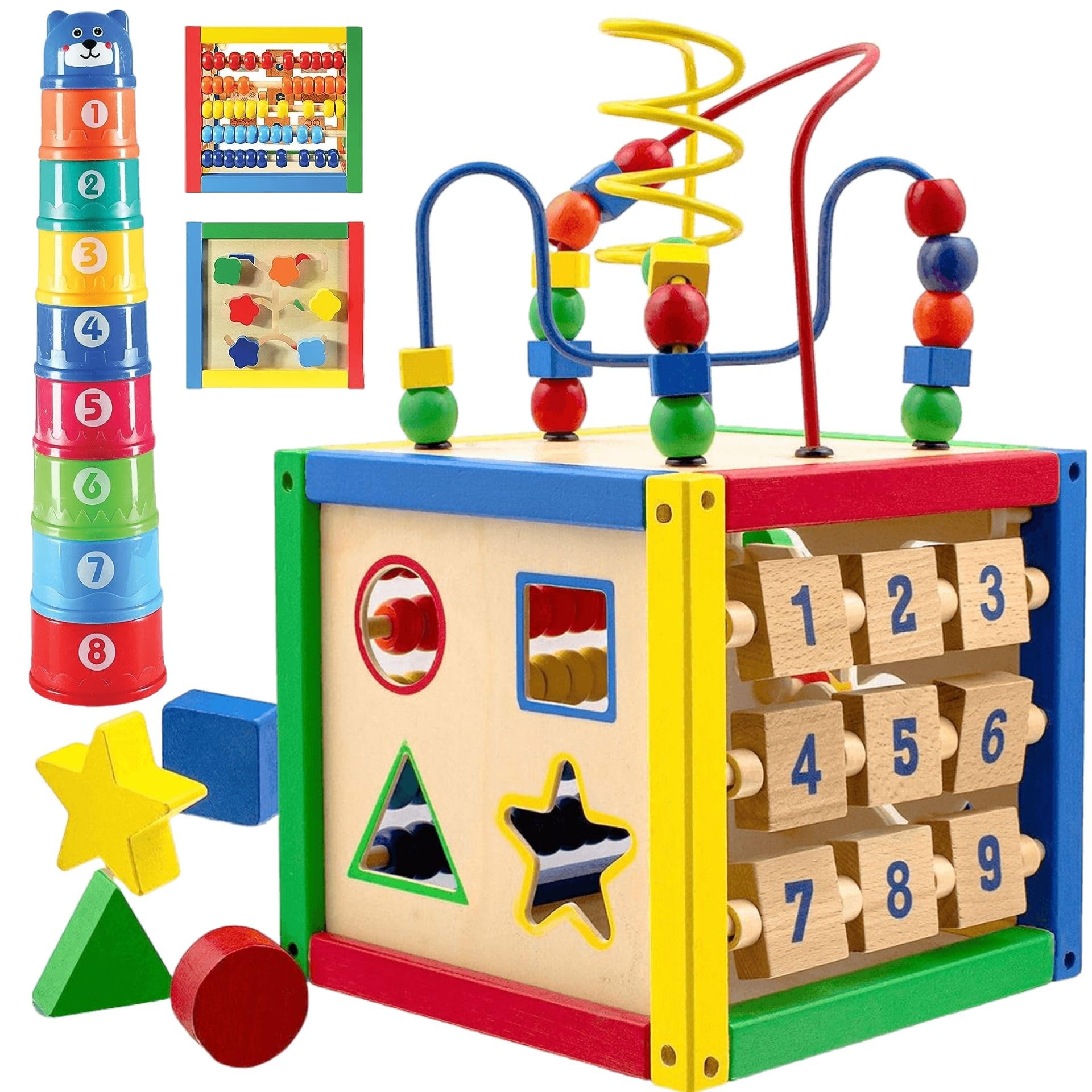 Photo 1 of (missing pieces) Wooden Activity Play Cube 6 in-1 for Baby with Removable Bead Maze, Shape Sorter, Abacus Counting Beads & Numbers