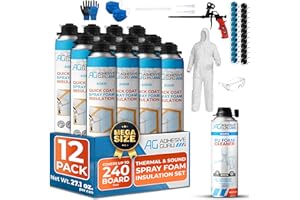 AG ADHESIVE GURU QuickCoat Closed Cell Spray Foam Insulation Kit for Wall–12x32.8oz(930g) Covers 240 BRD Ft–DIY Expanding Sealant Set, Insulates Heat&Sound, Fills Gaps&Cracks–12x Foam Cans, Cleaner, Gun & Safety Gear