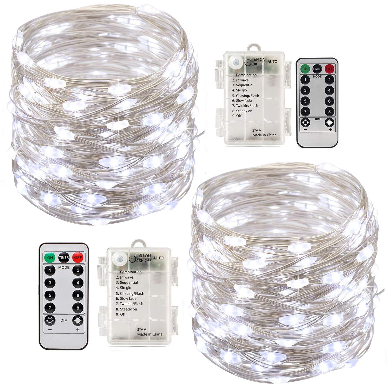 Tonskooners Led String Lights Battery Powered,[2 Pack] 100 LEDs 33ft Fairy String Lights Battery Operated Waterproof 8 Modes with Remote Control Christmas Decoration Lights (Cool White)