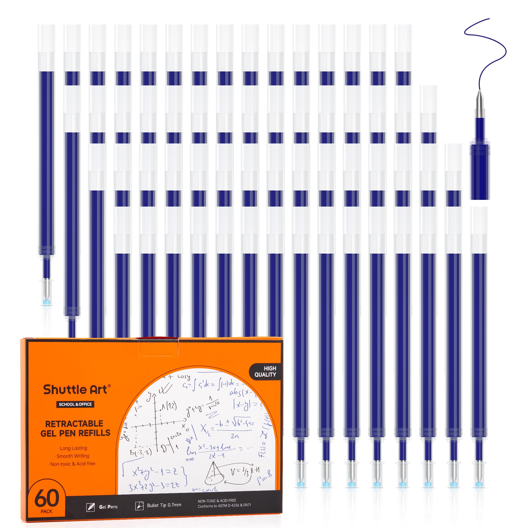 Retractable Gel Pen Refills, Shuttle Art 60 Pack Blue Rollerball Gel Ink Pens Refills, Bulk Set, 0.7mm Fine Point for Writing Journaling Taking Notes School Office Home