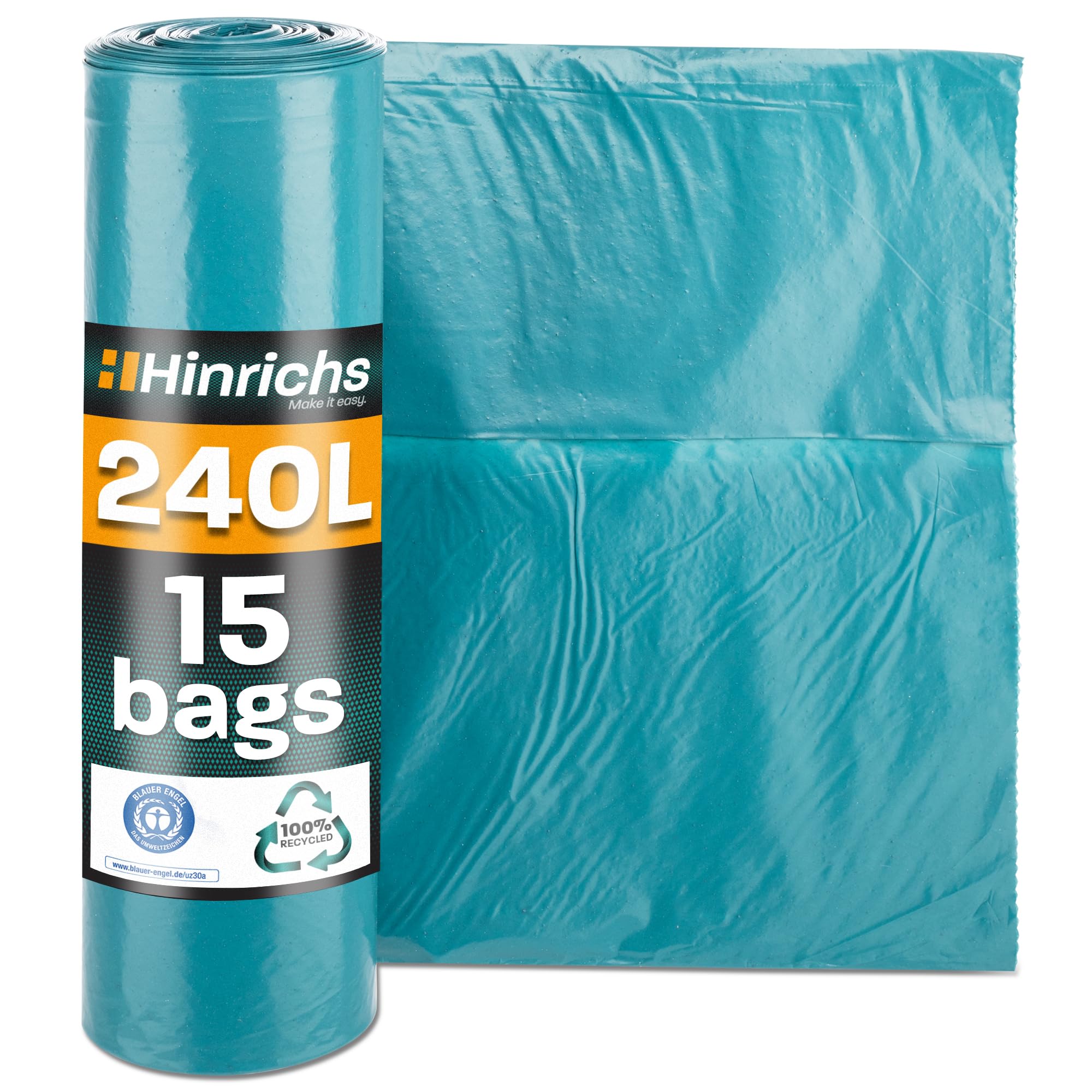 Hinrichs Extra Strong Bin Bags - 240L - 100x125 cm - Roll of 15 - Heavy Duty Garbage Bags - Recycled LDPE - Blue - For Gardens, Households & Construction