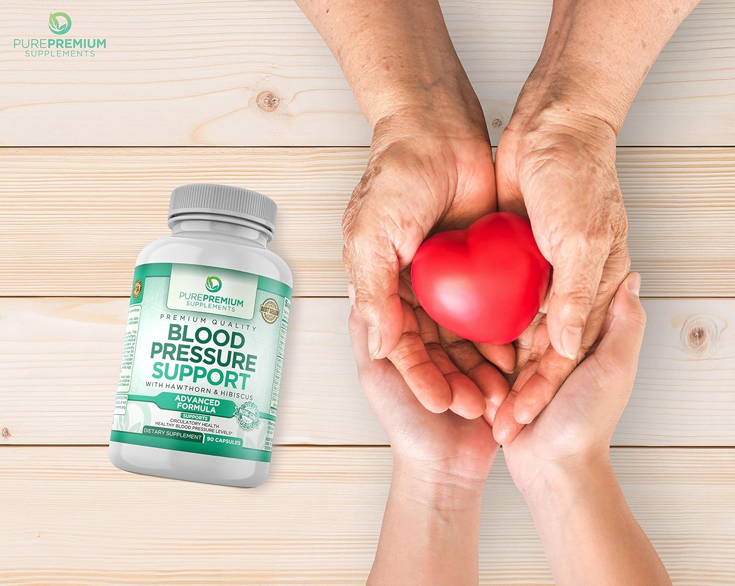 Premium Blood Pressure Support Supplement by PurePremium with Hawthorn & Hibiscus - Natural Anti-Hypertension for Cardiovascular & Circulatory Health - Vitamins & Herbs Promote Heart Health - 90 Caps: Health & Personal Care