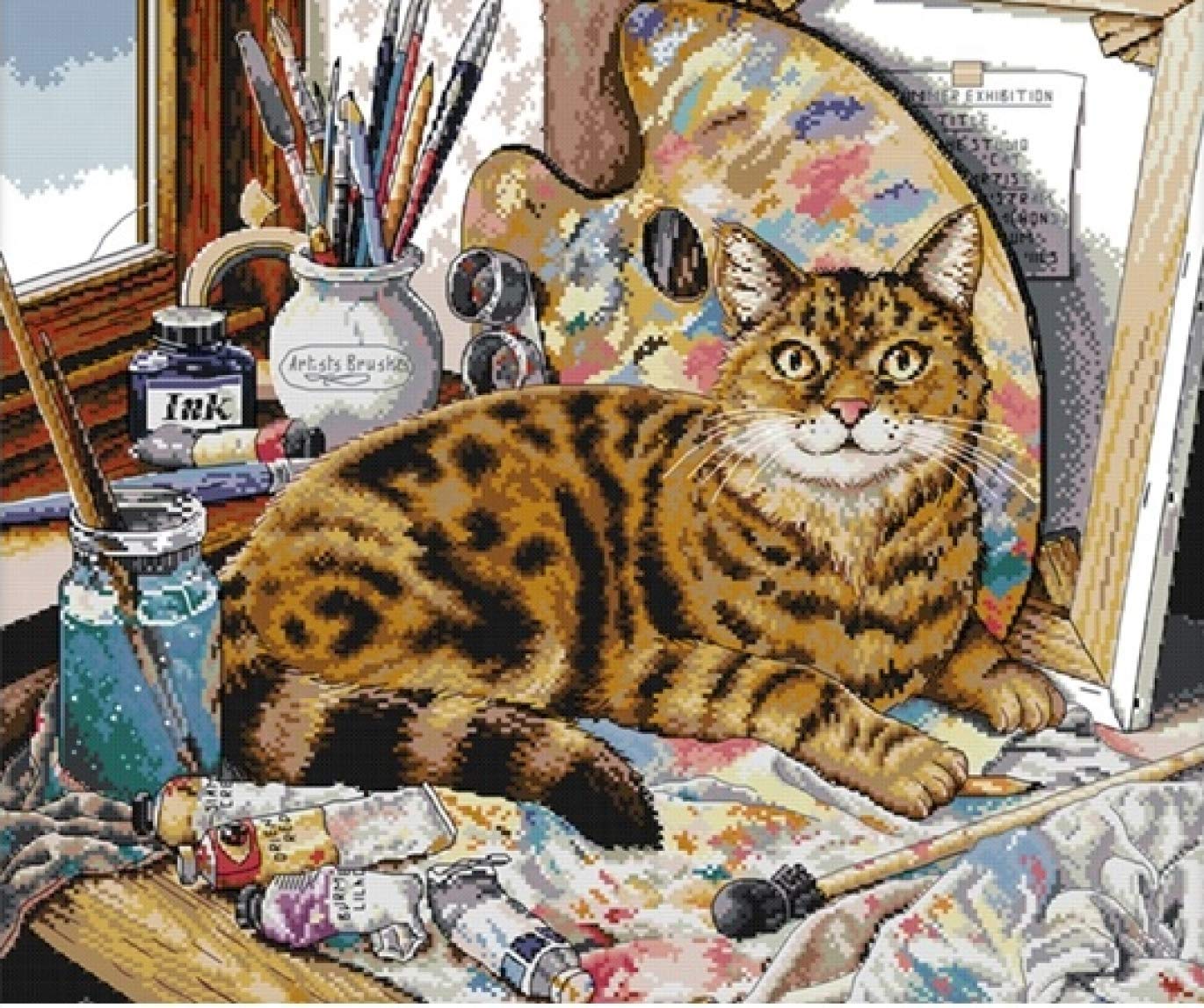 Arione Cross Stitch Kits for Adults Beginners Pre Printed Stamped Cross Stitch Kit Embroidery Tapestry Kit Cat 54 x 48 cm. (Cat in Art Studio)