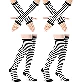 Syhood 2 Set Womens Rainbow Striped Knee High Socks Arm Warmer Fingerless Gloves Set for Girls Women Mardi Gras Themed Party