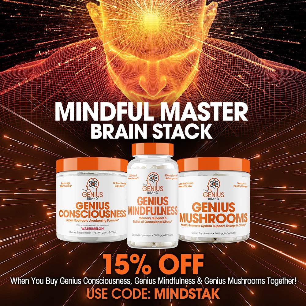 Genius Mushroom – Lions Mane, Cordyceps and Reishi – Immune System Booster & Nootropic Brain Supplement – Wellness Formula for Natural Energy, Stress Relief, Memory & Liver Support, 90 Veggie Pills: Health & Personal Care