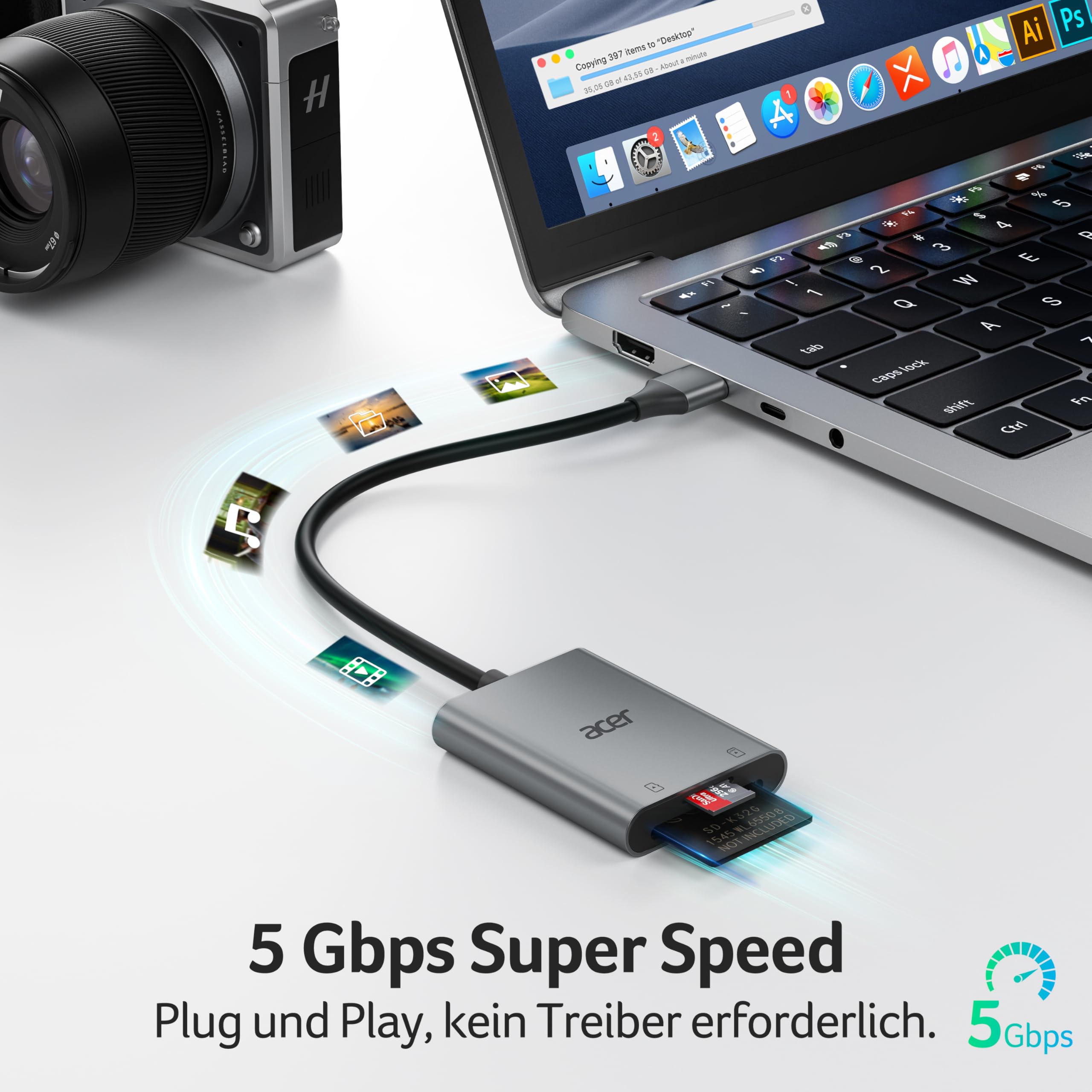 acer USB 3.0 Kartenleser 170MB/s, USB-A SD Micro SD Card Reader Aluminium 2