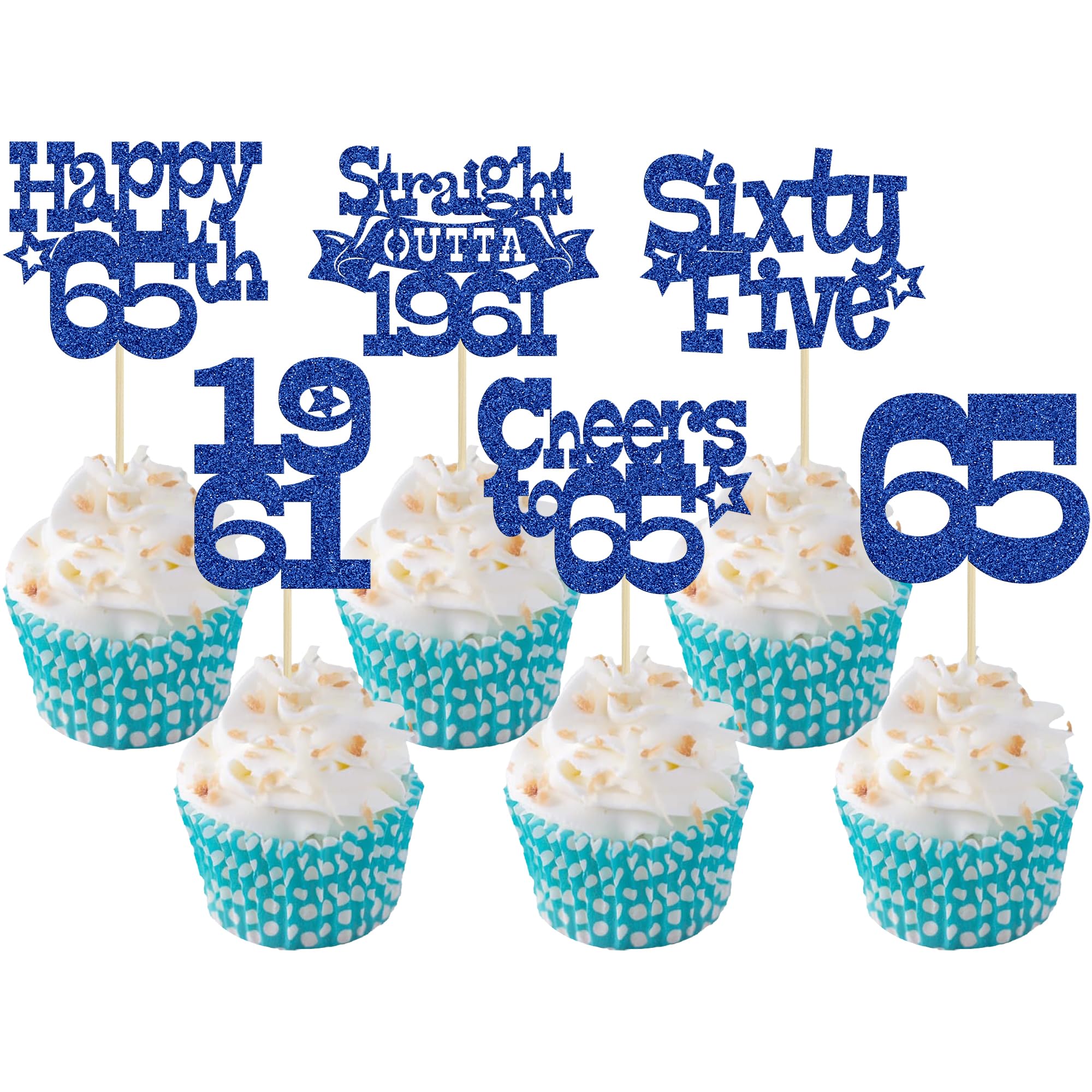 Ephlyn 30Pcs Happy 65th Birthday Cupcake Toppers Glitter Sixty Five Straight Outta 1961 Cupcake Picks Cheers to 65 Years Cake Decorations for Happy 65th Birthday Anniversary Party Supplies Blue