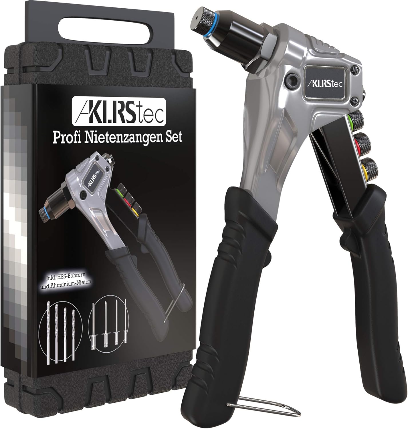 KLRStec® Professional Rivet Gun Kit incl. 120 Pop Rivets and 4 HSS Drills - High Quality Pop Rivet Tool Kit for Processing Pop Rivets