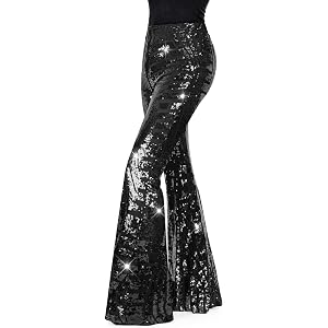 NTAWYT Women's 70s Disco High Waist Bell Bottom Sparkly Pants，70s Disco Party Clubwear Outfits for Women