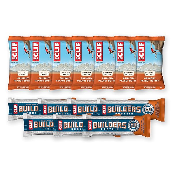 CLIF BAR AND CLIF BUILDERS – VARIETY PACK – CRUNCHY PEANUT BUTTER AND CHOCOLATE PEANUT BUTTER – ENERGY BARS AND PROTEIN BARS – NON-GMO – PLANT BASED – 2.4 OZ. (14 COUNT)