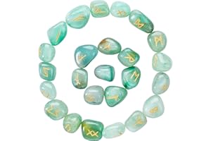 Crocon Green Aventurine Rune Stones Set Engraved with Elder futhark Crystal Runes Set, Reiki Healing runas for Meditation Chakra Balancing Rune Stone for Beginners with Crystal Guide & Pouch 15-20 mm