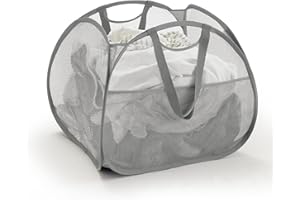 TECHMILLY Collapsible Mesh Pop Up Laundry Hamper with Strong Handles, Large Opening Clothes Hamper with Side Pockets, Storage Baskets for Dorm, Laundry Room, Bathroom or Travel (Grey, 90L)