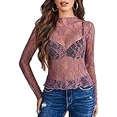 Avidlove Women's Mesh Top Long Sleeve Mock Neck Sheer Blouse See Through Floral Lace Tops