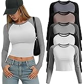 Sweetyweee 5 Pack Womens Long Raglan Sleeve Crop Tops Color Block Baseball Shirt Y2k Tee Tops