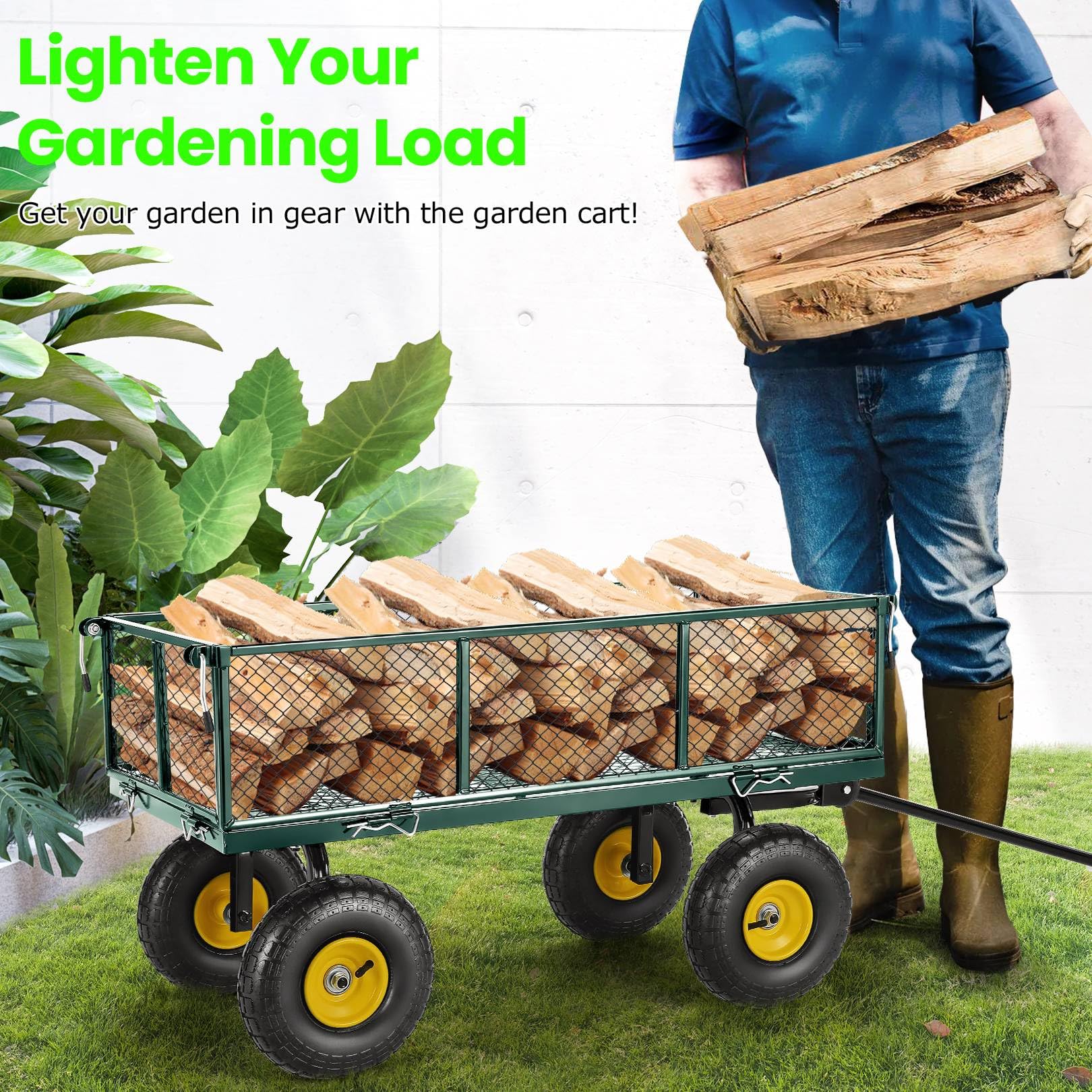 TEANDE 680Lb Garden Cart with Removable Mesh Sides to Convert into Flatbed, Utility Metal Wagon with 180° Rotating Handle, 10 inch Tires, Portable for Yard, Farm, Beach (Green, Without Oxford Cloth)