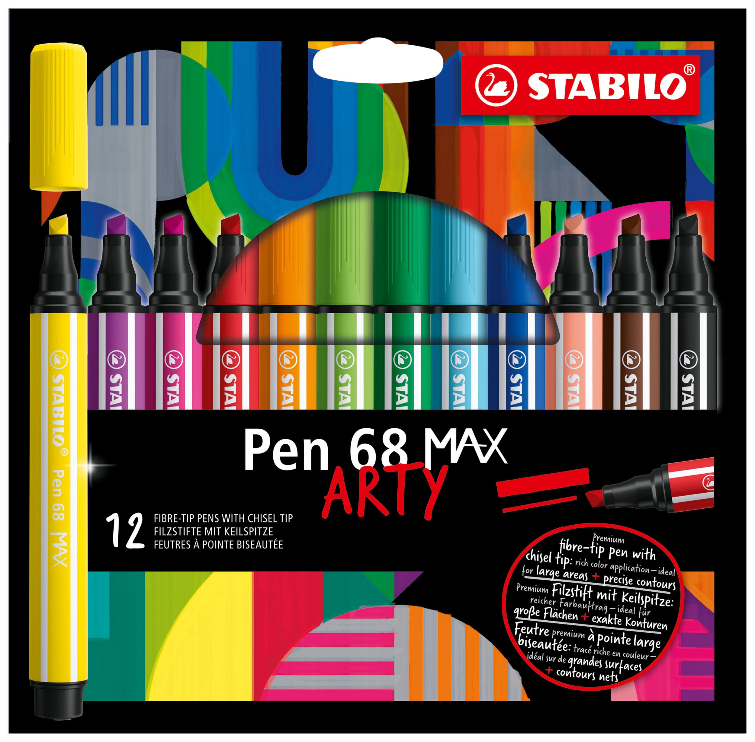 STABILO Pen 68 MAX - Premium Fibre-Tip Pen with Chisel Tip - ARTY - Pack of 12 - Assorted Colours