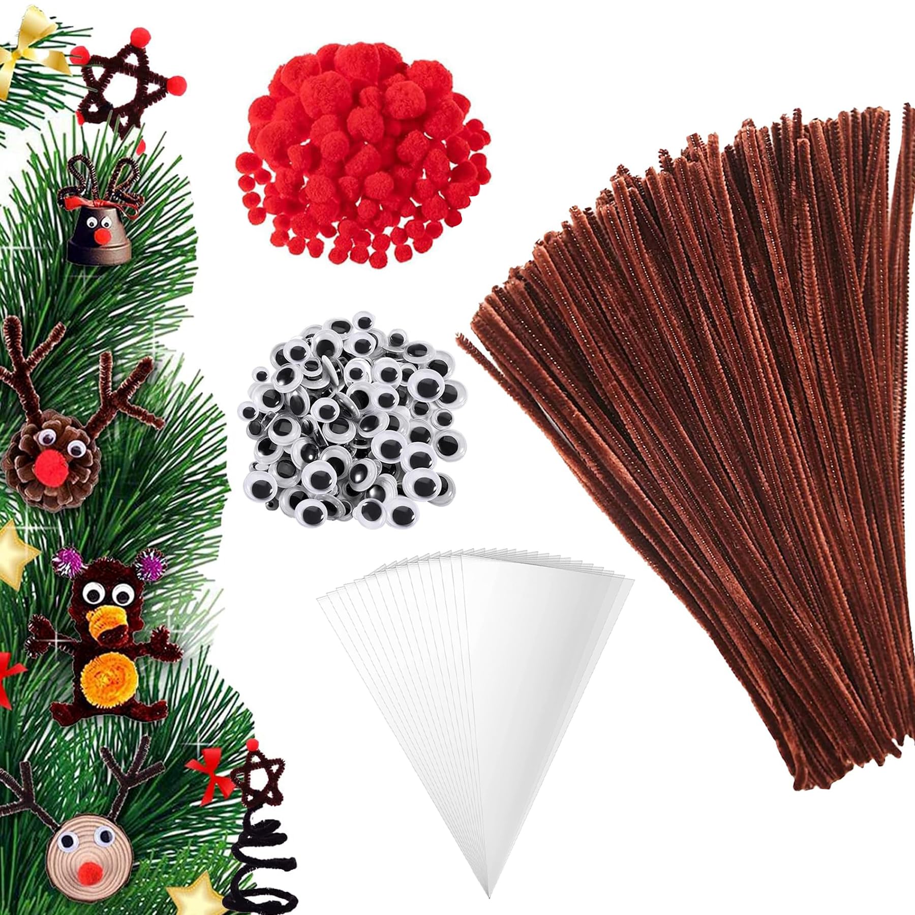 OUQIWEN 500 Pcs Brown Pipe Cleaners Set,including 100 Brown Craft Chenille Stems,100 Sweet Cone Bags,100 Pompoms and 200 Wiggle Googly Eyes Christmas Reindeer DIY Craft Set