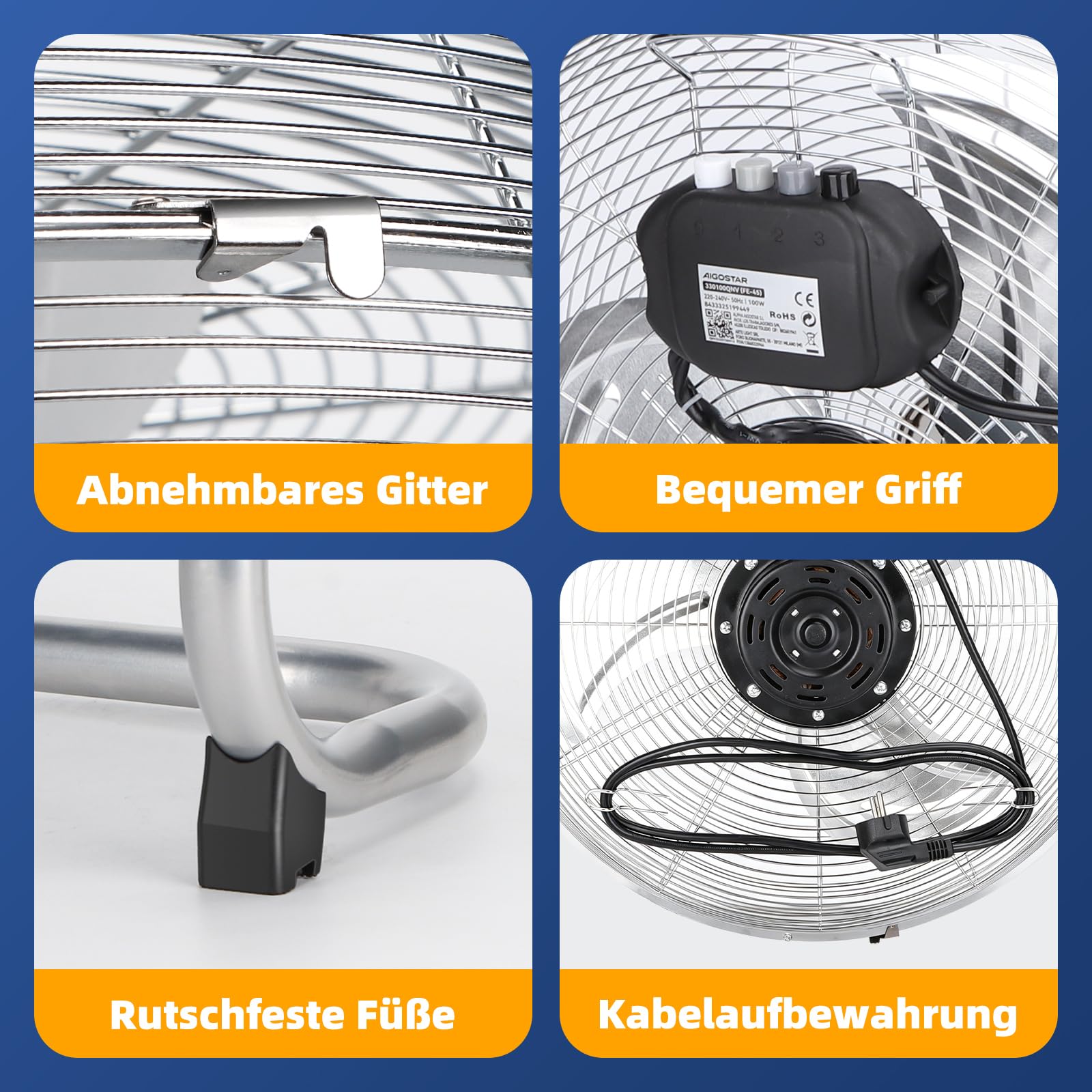 Aigostar Clover – XXL 54cm Retro Windmaschine, Starker Ventilator Groß, Bodenventilator mit Metall Chrom, Neigbarer Kopf (120°), 3 Stufen, Leise Standventilator, Industrie Ventilator 100 Watt, Silber 6