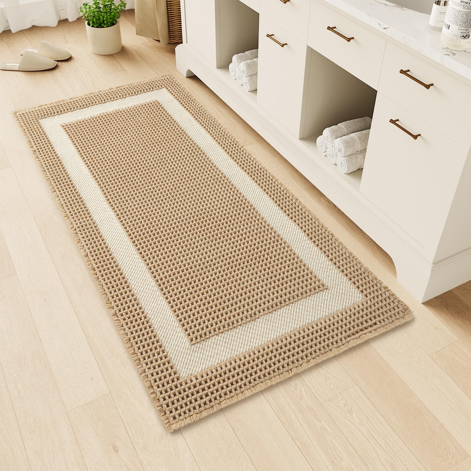 Photo 1 of MontVoo Waffle Runner-Rug, Super Absorbent Bath Mat with Tassels, Non Slip Washable Rug for Bathroom Floor, 24"x48", Beige