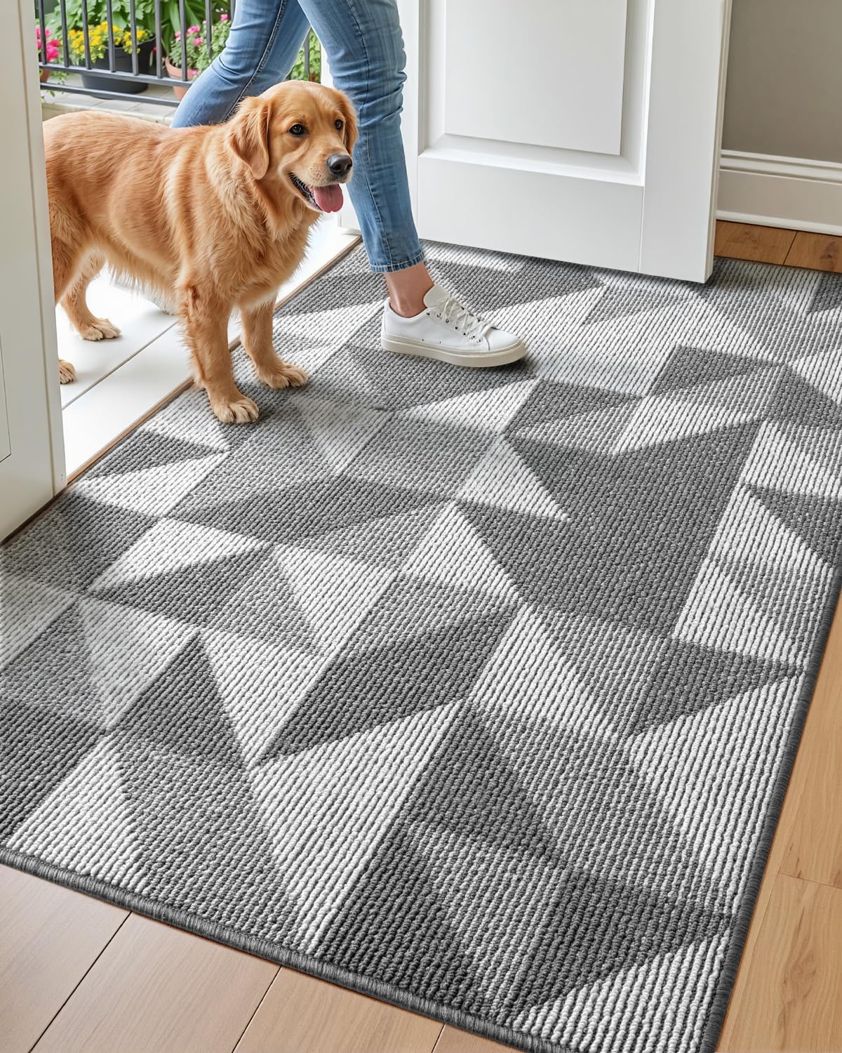 DEXI Front Door Mats for Entryway, 32x48 Non Slip Washable Low-Profile Entry Doormat, Absorbent Resist Dirt Inside Floor Entrance Mat, Patio, Grey/White