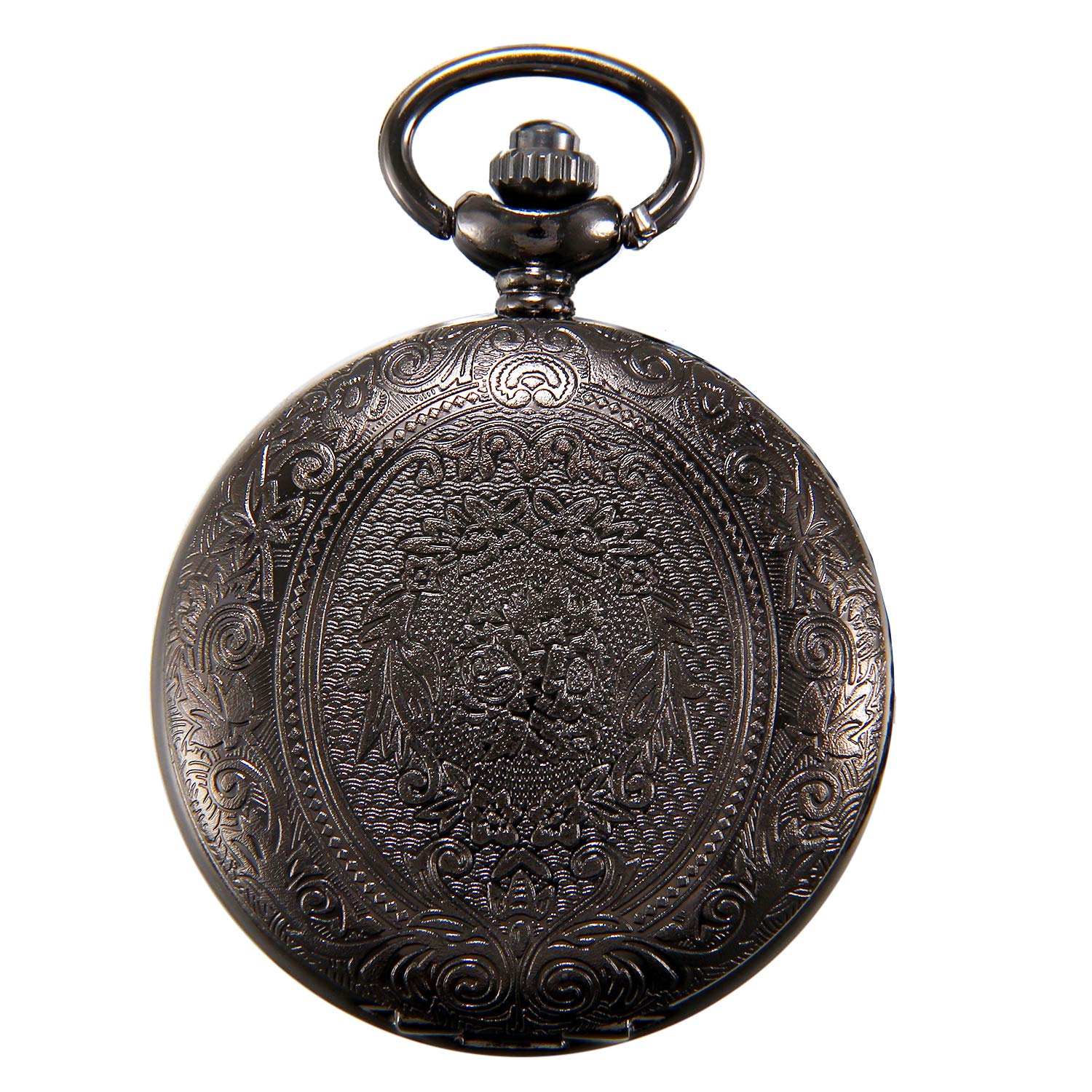 JewelryWe Black Vintage Flowers Case Quartz Pocket Watch Long Sweater Necklace 32 Inch Chain