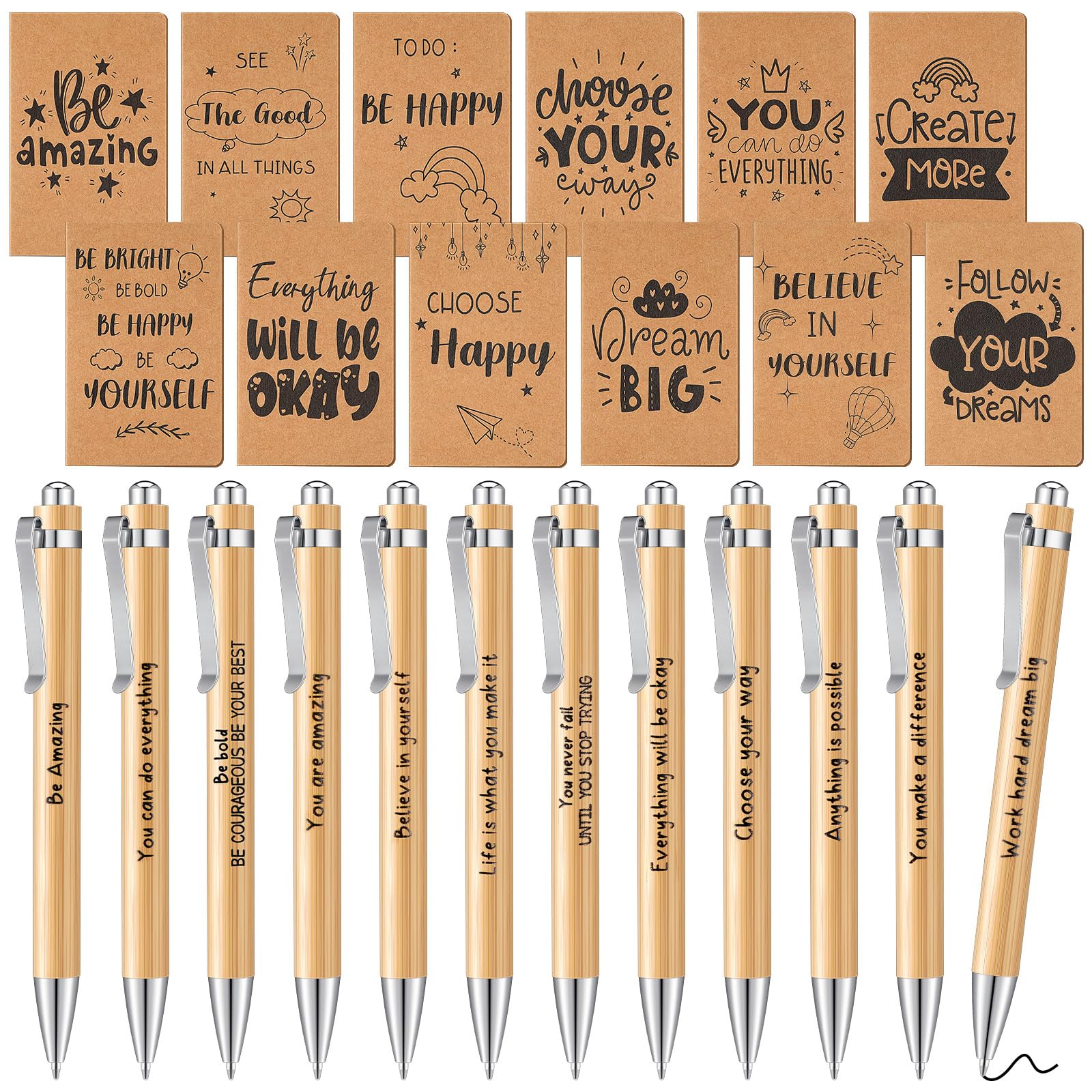 Tenare 12 Sets Inspirational Gifts Includes Pocket Motivational Notebook Wood Bamboo Ballpoint Pen Gifts for Christmas Students Coworker Office Teacher Volunteer(Inspiration)