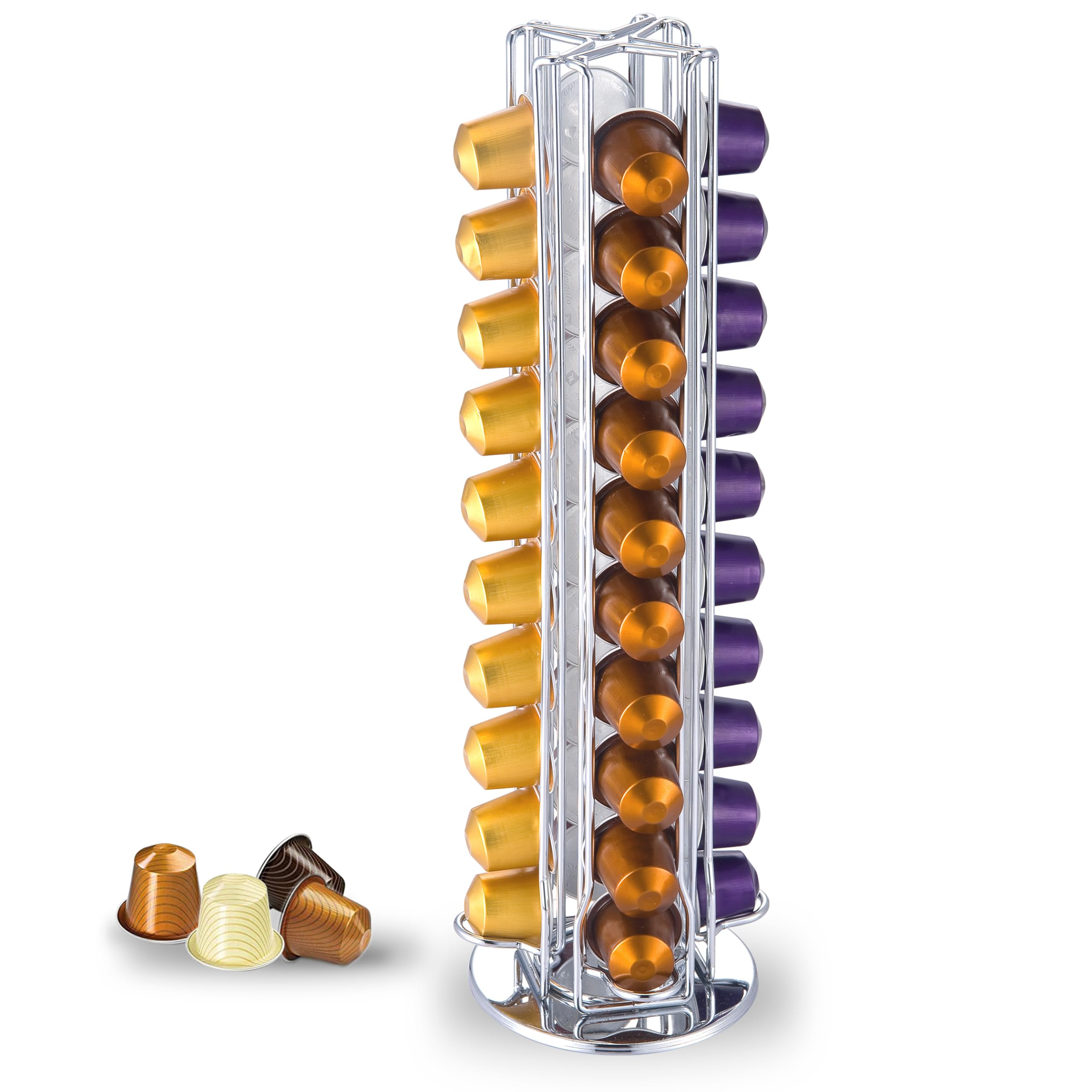 Wrobic Coffee Capsules Holder for Nespresso, Coffee Pod Holder for 40 Coffee Capsules, Rotating Design, Coffe Storage Rack for 40 Pcs Pods，Silver