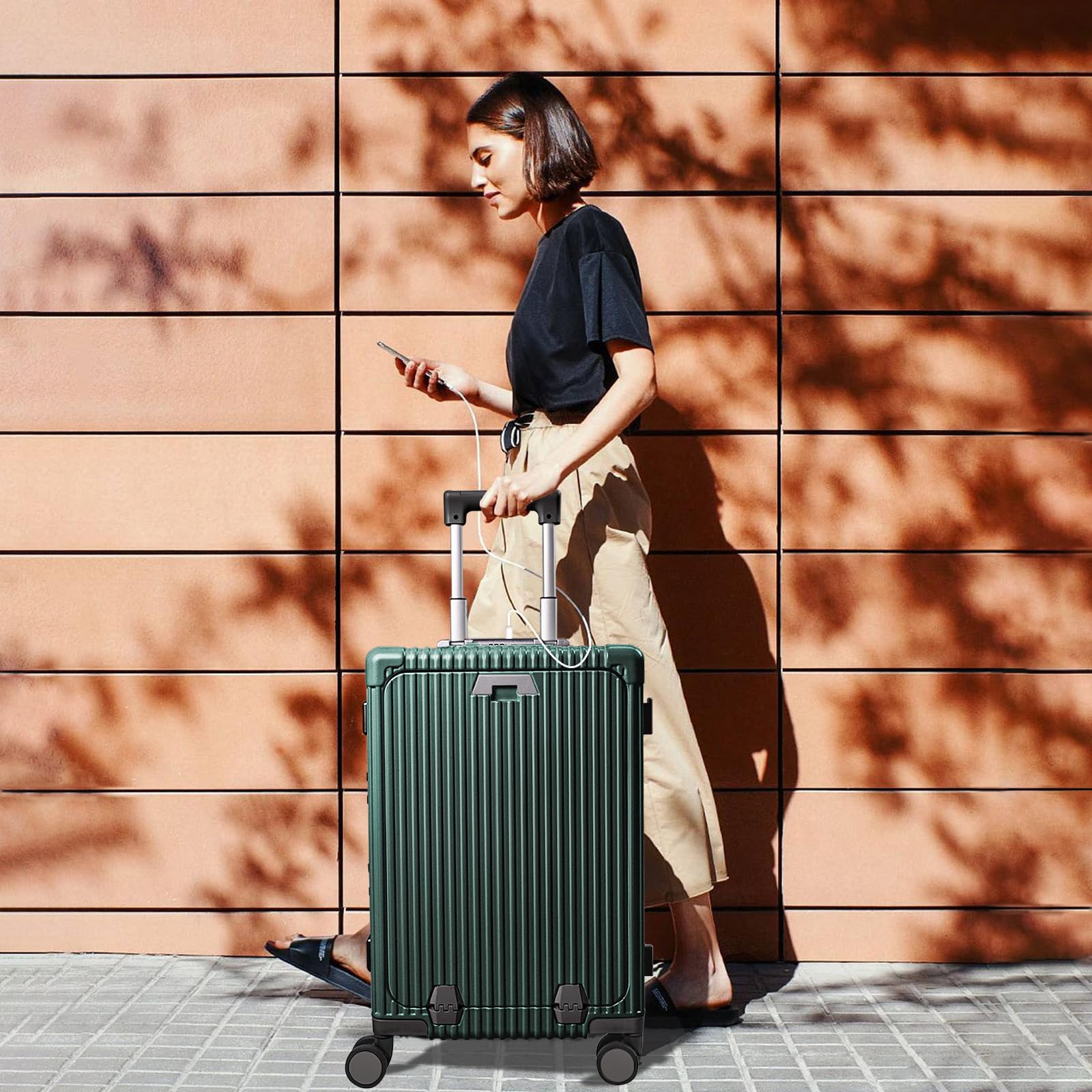 Carry On Luggage with Cup Holder and Usb Port, Aluminum Frame, Front Compartment, TSA Lock, 22x14x9 Airline Approved Hardside Suitcase with Spinner Wheels(Dark Green, 20-lnch)