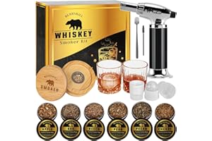BEARSKILL Whiskey Smoker Kit with Torch - 6 Natural Wood Chips Flavors, 2 Glasses, 2 Ice Molds - Cocktail Smoker Infuser Kit, Old Fashioned Smoker Kit, Birthday Bourbon Whiskey Gifts for Men, Dad(No Butane)