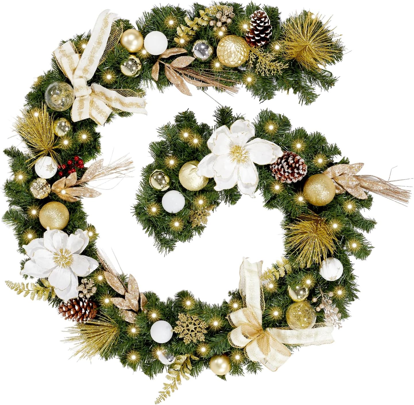 Wreaths, Garlands & Swags - WBHome Pre-lit 9 Feet/108 Inch Christmas Garland, White & Gold Lighted Garland with 50 LED Lights for Indoor Outdoor Xmas Decor Holiday Decorations, Battery Operated (Batteries NOT Included)