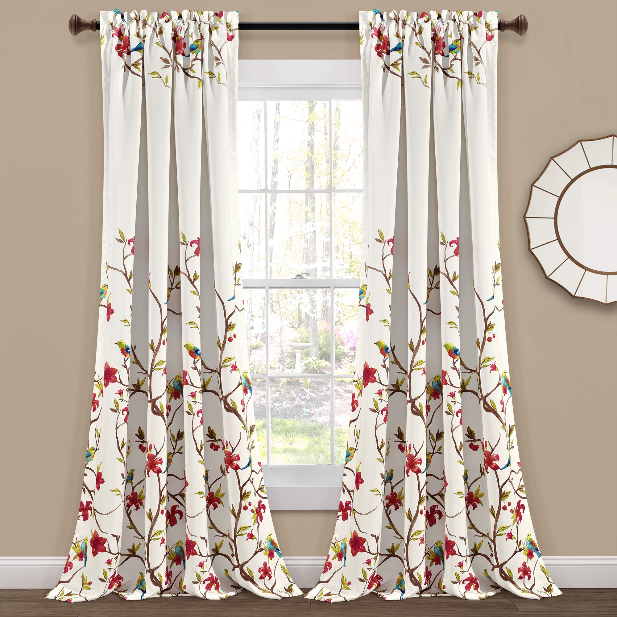 Lush Decor Neela Birds Room Darkening Window Curtain Panel Pair, 84" L x 52" W, Ivory & Brown