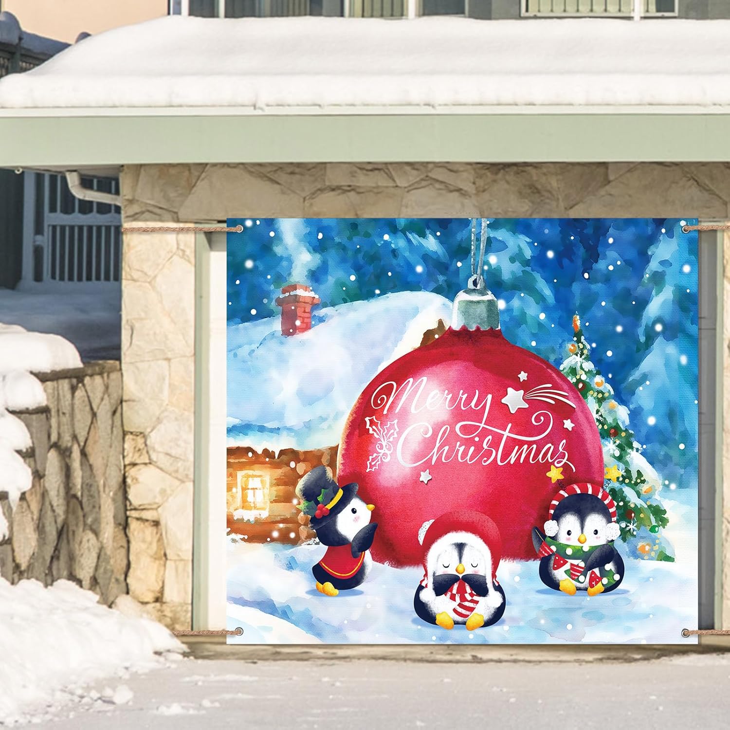 Garage Door Decorations - Christmas Garage Door Banner 7 x 8ft outdoor Christmas Decoration holiday garage door covers wall Backdrop Decoration Indoor Outdoor for Christmas Holiday Party Supplies (Penguin)