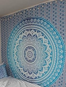 Jaipur Handloom Blue Ombre Tapestry Hippie Mandala Bohemian Psychedelic Tapestry Wall hangings Wall Art Ethnic Dorm Decor Indian Bedspread Magical Thinking Tapestry Beach Blanket Picnic