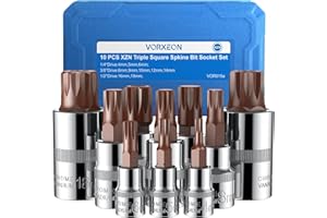 VORXEON 10Pcs XZN Triple Square Spline Bit Socket Set M4 - M18, 50BV30 CR-V Drive Socket and S2 Alloy Steel Bit Drive 1/4”, 3