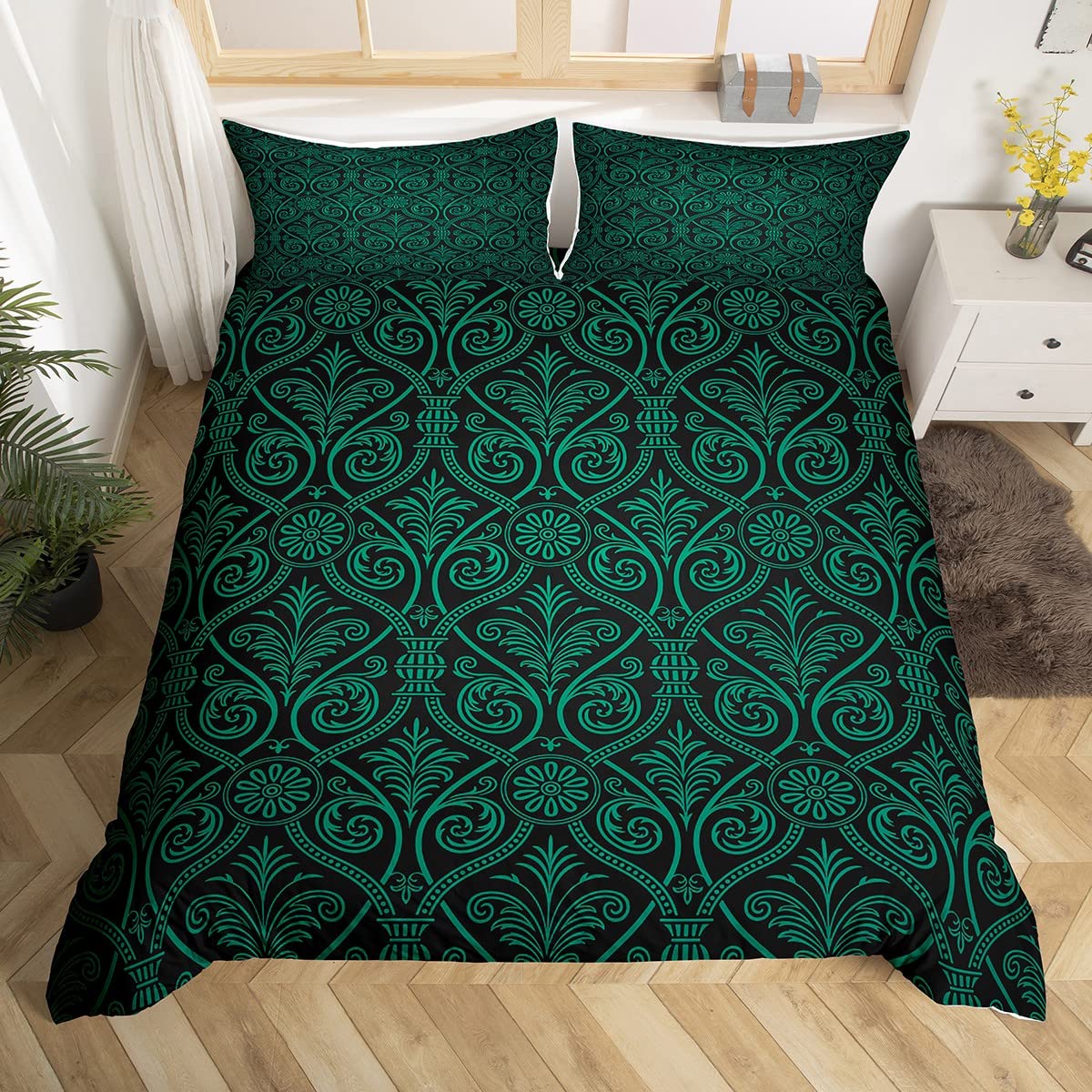 Homewish Baroque Damask Comforter Cover Gothic Green Black Ombre Bedding Set Double For Boys Teen Men,Vintage Victorian Floral Duvet Cover Stylish Modern Geometric Flower Quilt Cover 2 Pillow Cases — image 1