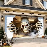 Halloween Garage Door Cover 16x7 FT, Realistic Garage Scene Design | 3D Skeleton Breaking Through Illusion Decoration, Full Size Double Garage Door Banner, Outdoor Halloween Decor