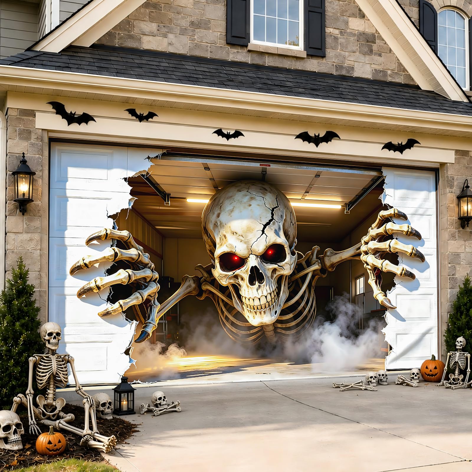 Halloween Garage Door Cover 16x7 FT, Realistic Garage Scene Design | 3D Skeleton Breaking Through Illusion Decoration, Full S