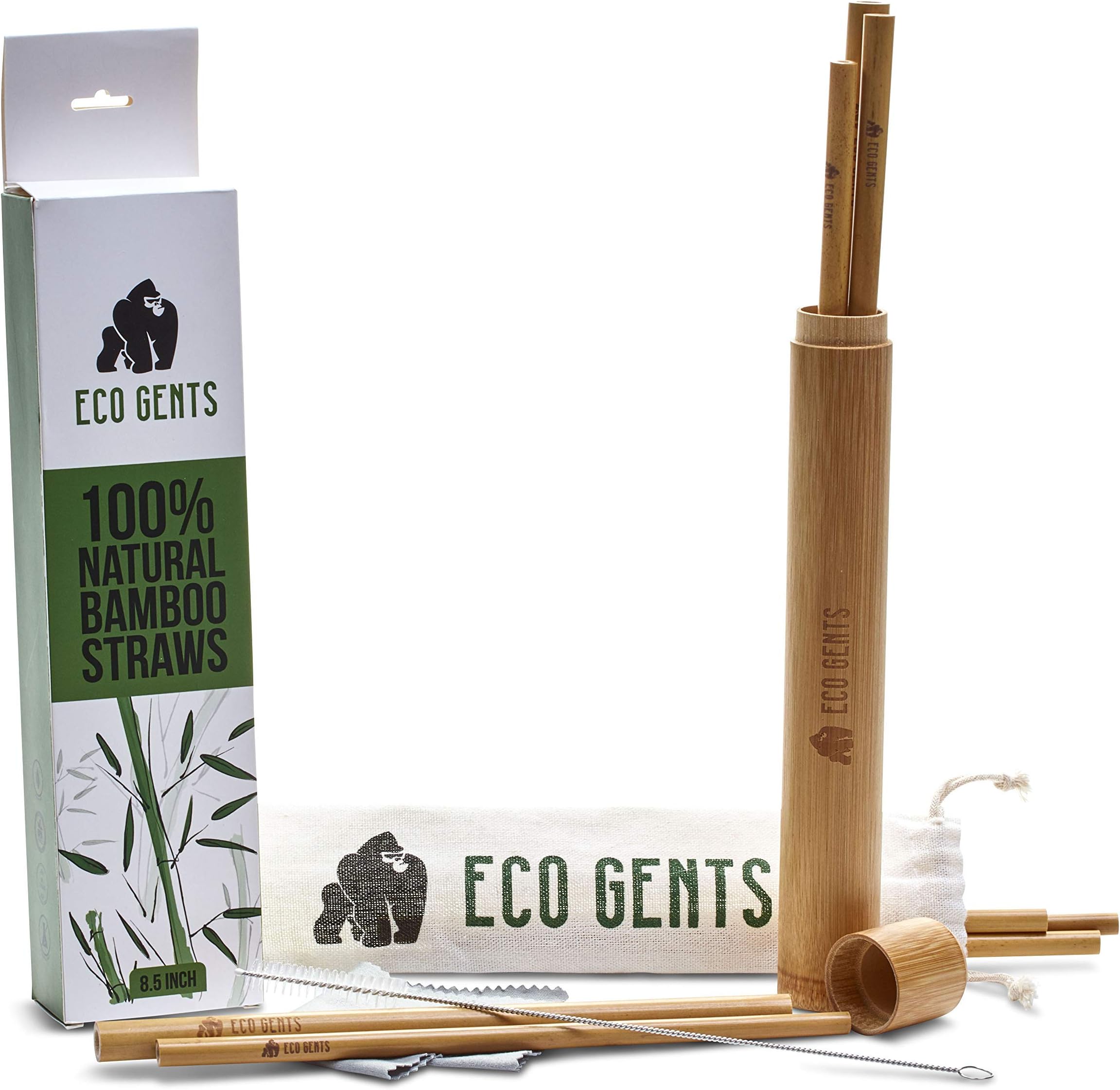 Natural and Organic Bamboo Straws | Set of 8, 8.5 Inch Reusable Straws | Biodegradable Straws with Bamboo Travel Case, Cloth Travel Bag and Cleaning System | Premium Eco-Friendly Straw Kit