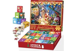 POYCUNA Advent Calendar 2023, Christmas Puzzle for Kids and Adults, 24 Days Countdown Calendars for Boys Girls, 1008 Pieces Christmas Puzzle in 24 Boxes, Christmas Department(27.56 x 19.68 Inch)